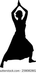 Silhouette of a person in a flowing robe, performing a graceful yoga pose.