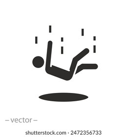 silhouette of a person flying in the abyss icon, falling down man, hole or trap for people, fail or crisis, flat symbol on white background - vector illustration