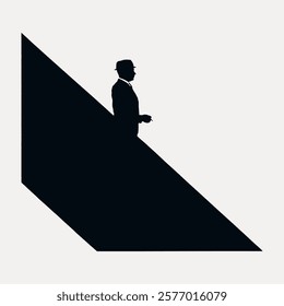 Silhouette of a person in a hat, standing on a geometric shape. Minimalist design with a modern, abstract feel. Dark silhouette contrasts with light background. Vintage illustration isolated, vector.