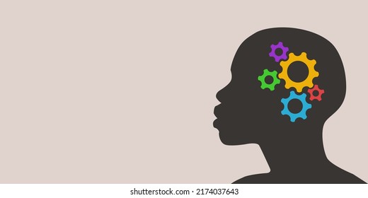 Silhouette of a person head with gears. Metaphor of thought process mechanism into man brain and head from idea to success for website banner