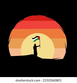  of silhouette person hold palestine flag in sunset 