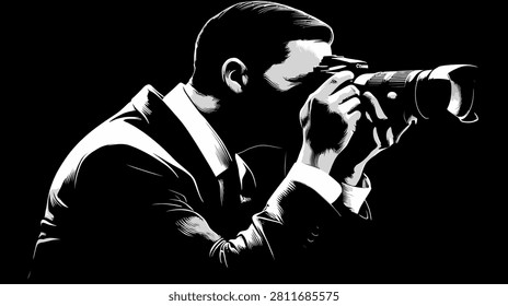 A silhouette of a person holding a camera captures a photograph. The monochromatic image showcases a man in a formal suit against a dark backdrop. The composition is focused on the photographer and the camera. It could be useful for projects related to photography, media, or creative industries.
