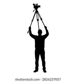 Silhouette of a person holding a camera mounted on a tripod, emphasizing photography, camera equipment, and professional imaging techniques.