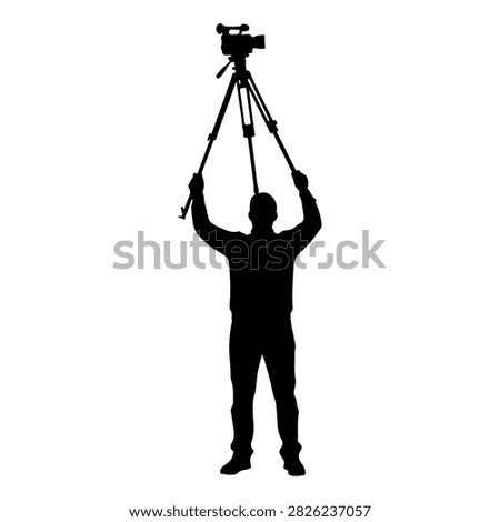 Silhouette of a person holding a camera mounted on a tripod, emphasizing photography, camera equipment, and professional imaging techniques.