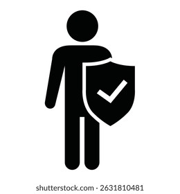 Silhouette of a person holding a shield symbolizing protection and security in a minimalist design