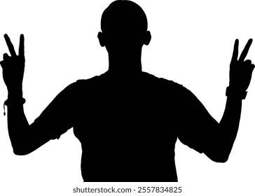 Silhouette of a person holding up two peace signs, expressing tranquility and positivity on a transparent background.