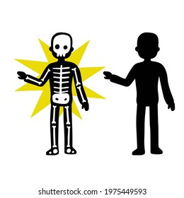 Silhouette of person. Human skeleton. Anatomy and Halloween. Character gestures. Electric shock and X-ray.