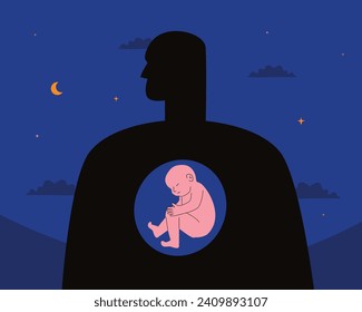 Die Silhouette einer Person, in der sich ein Baby befindet, ein Symbol eines inneren Kindes, ein frühes psychologisches Trauma. Eine Metapher der Subpersonalität eines Individuums, die sein Verhalten beeinflusst.