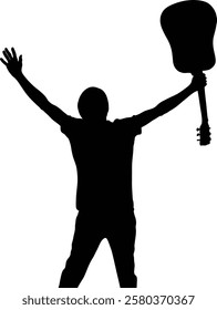 Silhouette of a person joyfully raising their acoustic guitar high above their head.