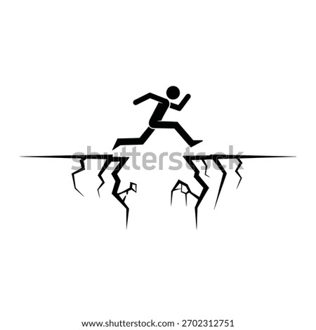 A silhouette of a person jumping over a deep crack.