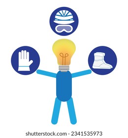 Silhouette of a person with light bulb instead of head and holding icons of safety work equipment