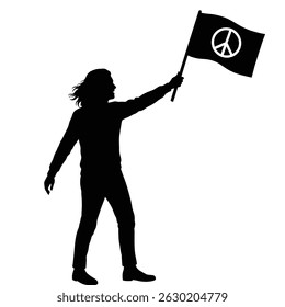 Silhouette of a person with long hair holding a peace sign flag for protest