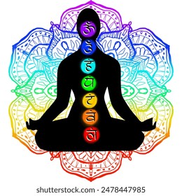 Silhouette of a person in lotus position meditating with seven chakras.