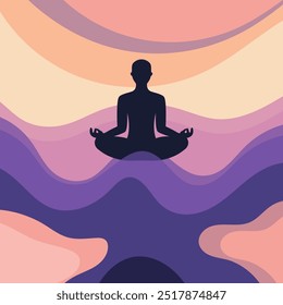 Silhouette of a person meditating against a tranquil abstract background during sunset