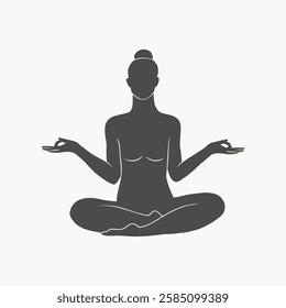 Silhouette of a person meditating in a lotus position. Yoga pose with hands in mudra. Meditation and yoga practice in a calm, centered posture. Vector isolated on white.