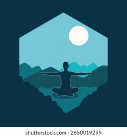 Silhouette of a Person Meditating with Outstretched Arms on a Mountain During Full Moon Night. Peaceful Scene Emphasizing Yoga, Nature, Mindfulness, and Inner Balance.