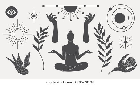 Silhouette of a person meditating surrounded by celestial symbols, plants, and birds. Meditation, celestial, and nature elements create a serene vibe. Spirituality vector set.