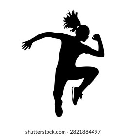 Silhouette of a person mid-air in a dynamic jumping pose, capturing energy and movement against a plain background.