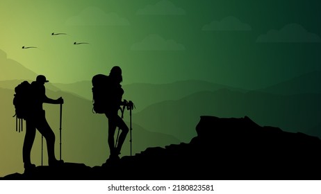 Silhouette Person Mountains Man Girl Hiking Stock Vector (Royalty Free ...