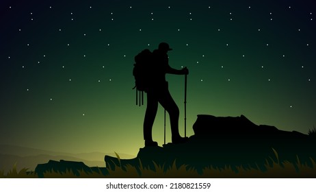 silhouette of a person in the mountains, a Man hiking in the mountains with backpack, person with backpack for hiking silhouette vector