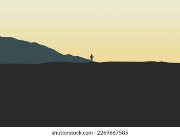 silhouette of a person in the mountains in the morning, vector illustration.