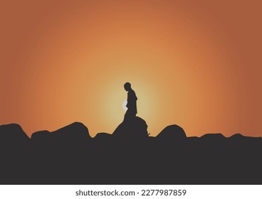 silhouette of the person in nature at sunset, vector illustration.