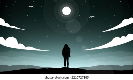 silhouette of a person in the night, silhouette of a woman walking at night, woman walking under the beautiful night sky, sky at night