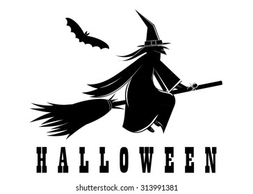  A silhouette of the person on broomstick, a spider, a bat and the word halloween