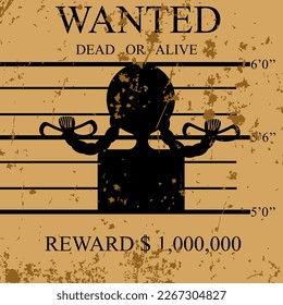 Silhouette of person on most wanted retro poster with inscription and growth line.