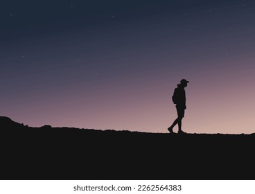 silhouette of a person on a mountain with the sky, vector illustration.