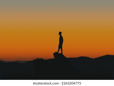 silhouette of a person on the rock at sunset, vector illustration.