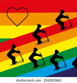 Silhouette of a person on skis against the background of the LGBT flag. Non-binary personalities in sports concept. Transgender people in cross-country skiing. 