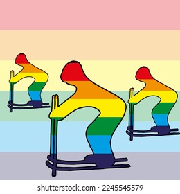 Silhouette of a person on skis against the background of the LGBT flag. Non-binary personalities in sports concept. Transgender people in cross-country skiing. 