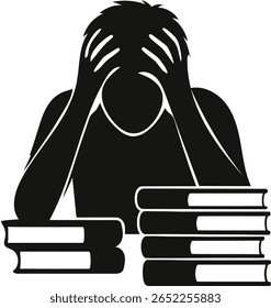Silhouette of a person overwhelmed by studying, with hands on head, surrounded by stacks of books. This image represents stress, pressure, and the academic struggle of learning.