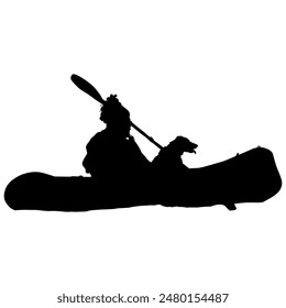 A silhouette of a person paddling an inflatable kayak with their dog on the lake,.