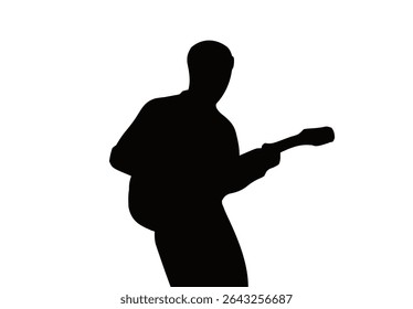 silhouette of a person passionately playing an electric guitar against a stark white background. This image captures the essence of musical performance, creativity, and live entertainment.