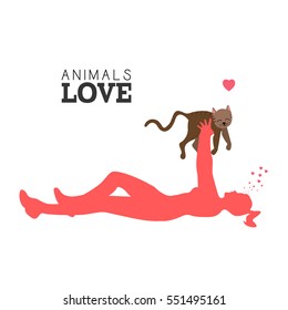 Silhouette of a person playing with a cat, Vector illustration