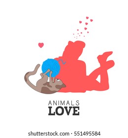 Silhouette of a person playing with a cat, Vector illustration