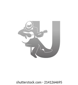Silhouette of person playing guitar beside letter U illustration vector