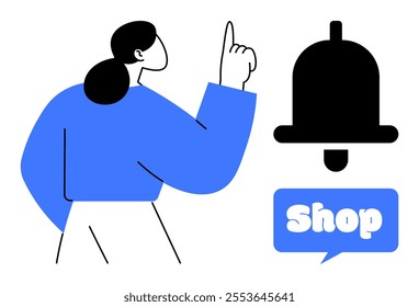 Silhouette of a person pointing towards a large notification bell with a shop sign. Simple illustration in blue, black, and white. Ideal for notifications, e-commerce, shopping, digital marketing