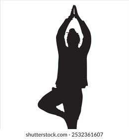 Silhouette of a person practicing yoga, balancing in tree pose against a white background.