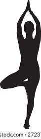 Silueta de una persona practicando yoga en una postura de equilibrio en una pierna con los brazos levantados por encima de la cabeza que simbolizan la atención plena y la relajación en una postura pacífica y meditativa sobre un fondo blanco.