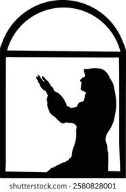 Silhouette of a person in prayer, seen through an arched window.