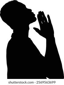 Silhouette of a person praying, head tilted back, hands clasped in supplication. A powerful image of faith and hope.