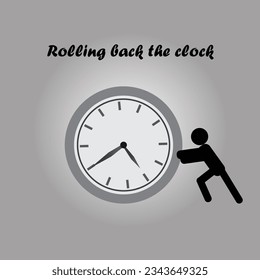 Silhouette of a person pushing a clock, rolling back the time concept