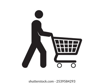 Silueta de una persona empujando un Carrito de compras. Icono de comprador o Cliente. Ilustración de arte de símbolo de compras. Vector de icono de Carrito de compras.