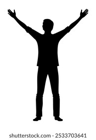 Silhouette of a person raising his arms in the air in celebration. Flat vector illustration.