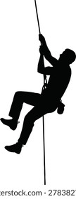 Silhouette of a person rappelling down a rope isolated on white background