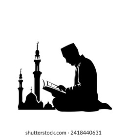 silhouette of a person reading the Qur'an Koran in a Ramadhan theme mosque