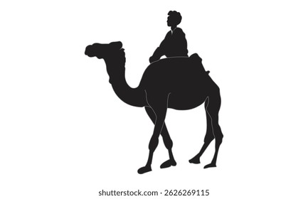 Silhueta de uma pessoa cavalgando um camelo no deserto, Homem cavalgando um camelo Silhueta, Homem no camelo